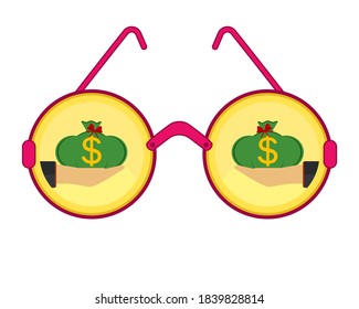 Hand Holds A Money Bag With A Dollar Sign. Gold Coins And Pink Round Glasses. Vector Illustration.