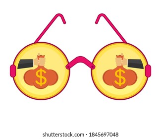 Hand Holds A Money Bag With A Dollar Sign. Gold Coins And Pink Round Glasses. Vector Illustration.