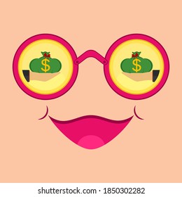 Hand Holds A Money Bag With A Dollar Sign. Gold Coins, Pink Round Glasses And A Face With A Smile. Vector Illustration.