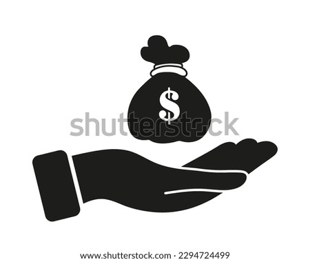 Hand holds money bag - vector financial icon. Dollar bag in hand.