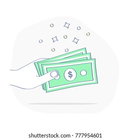 Hand holds money in cash. Payment or transaction, salary, donation, wages, loan, giving or offering. Business, financial and life style design vector icon concept.