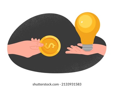 Hand holds money. Exchange ideas for dollars, creativity versus wealth. Marketing methods of product promotion. Genius sells ideas, earning with advice, consultant. Cartoon flat vector illustration