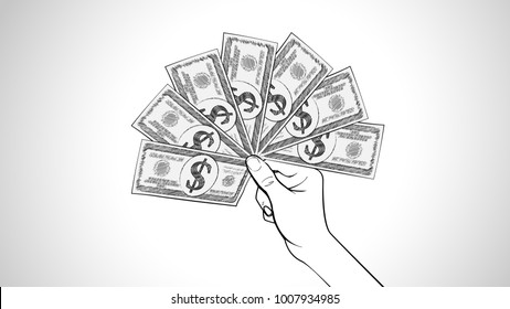 Hand Holds Money Fan Sketch Line Illustration Hand Drawn Vector