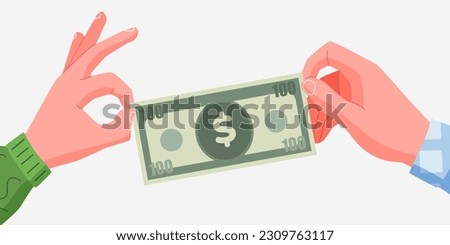 Hand holds money and gives it to another. Salary, charity and finance concept. Modern flat style. Isolated on white background. Vector illustration