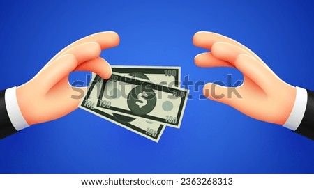Hand holds money and gives it to another. Salary, charity and finance concept. Modern 3d style. Isolated on white background. Vector illustration
