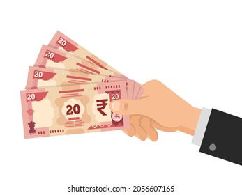 Hand holds money Indian Rupee 20 banknotes. Business concept. Official currency cash INR. Isolated on white background. Flat style. Simple minimal design. Vector illustration.