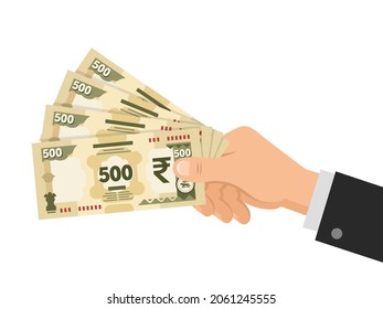 Hand holds money Indian Rupee 500 banknotes. Business concept. Official currency cash INR. Isolated on white background. Flat style. Simple minimal design. Vector illustration.