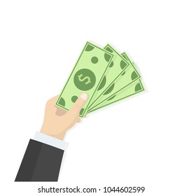 Hand holds money. Investing in innovation, buy ideas, strategy, modern technology business concept. Modern flat design graphics for web sites, web banners, infographics
