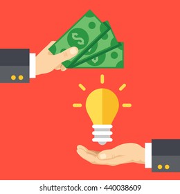 Hand holds money  hand holds light bulb  Buy idea  investing in innovation  modern technology business concept  Modern flat design graphics for web sites  web banners  infographics  Vector illustration