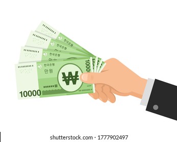 Hand Holds Money South Korean Won 10000 Banknotes. Business Concept. Official Currency Cash KRW. Isolated On White Background. Flat Style. Simple Minimal Design. Vector Illustration.