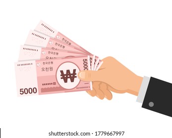 Hand holds money South Korean Won 5000 banknotes. Business concept. Official currency cash KRW. Isolated on white background. Flat style. Simple minimal design. Vector illustration.