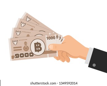 Hand holds money thai baht 1000 banknotes. One thousand THB. Business concept. Isolated on white background. Flat style. Vector illustration.