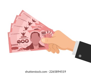 Mano tiene dinero tailandés 100 billetes de baht. Ciento de THB. Concepto de negocio. Dale bonificaciones en efectivo. Aislado sobre fondo blanco. Estilo plano. Ilustración vectorial.