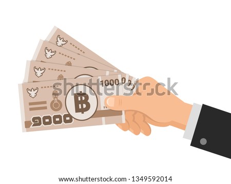 Hand holds money thai baht 1000 banknotes. One thousand THB. Business concept. Isolated on white background. Flat style. Vector illustration.