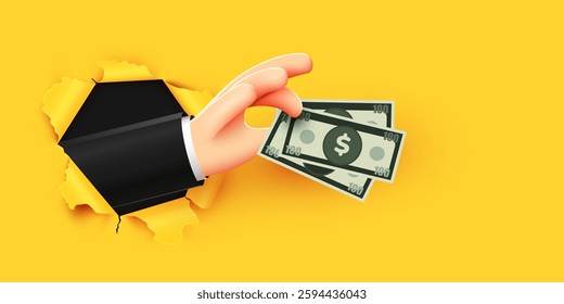 Hand holds money through torn paper. Salary, charity and finance concept. Modern flat style. Vector illustration