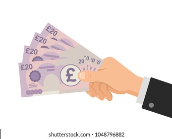 Hand Holds Money UK Pounds 20 Banknotes. Business Concept. Isolated On White Background. Flat Style. Vector Illustration.