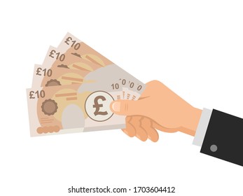 Hand holds money UK Pounds 10 banknotes. Business concept. Isolated on white background. Flat Style. Vector illustration.