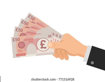 Hand Holds Money UK Pounds 50 Banknotes. Business Concept. Isolated On White Background. Flat Style. Vector Illustration.