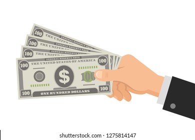 Hand holds money US dollars 100 banknotes. Business concept. Isolated on white background. Flat Style. Vector illustration.