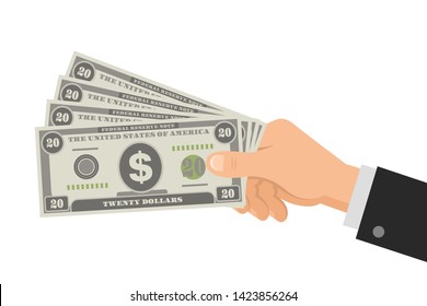 Hand holds money US dollars 20 banknotes. Man holding cash four bills of twenty. Business concept giving money. Isolated on white background. Flat Style. Vector illustration.