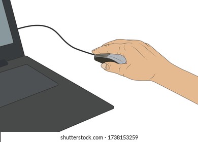 Mano sujeta el ratón del portátil. Ilustración del material vectorial, eps 10.