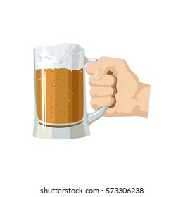 Hand holds a mug of beer.