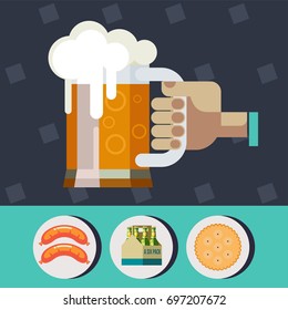 Hand holds mug of beer. The best beer. A colorful poster advertising beer. Vector icons. Sausages, packaging bottles of beer, cookies.