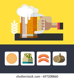 Hand holds mug of beer. A colorful poster advertising beer. Vector icons. Sausages, packaging bottles, cookies, beer keg.