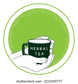 Hand holds mug of herbal tea. Healing herbal teas are used in alternative medicine. Herbal infusions are soothing, help in losing weight, cleansing and remove toxins and strengthen immune system