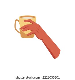 Hand holds mug with milk or cappuccino, flat vector illustration isolated on white background. Person drinks coffee from ceramic cup.