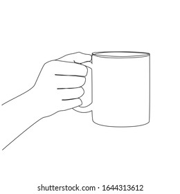 Hand Holds A Mug One Line Drawing On White Isolated Background. Vector Illustration 