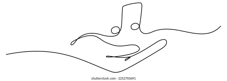 Mano sostiene un dibujo continuo de una línea con notas musicales. Vector aislado en blanco.