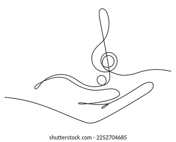 Hand holds music note continuous one line drawing. Treble clef linear element. Vector isolated on white.