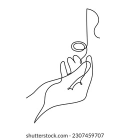 Hand holds musical note one line art, hand drawn continuous contour. Artistic creative concept, minimalist design. Editable stroke. Isolated. Vector illustration
