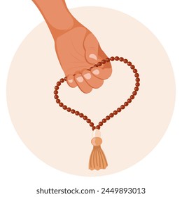 A hand holds a Muslim rosary on a white background. Illustration. Vector