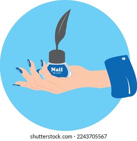 A hand holds a nail polish with a feather decoration, vector illustration.