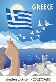 Hand holds the national flag of Greece on the background of the churches of Santorini. Vector illustration.