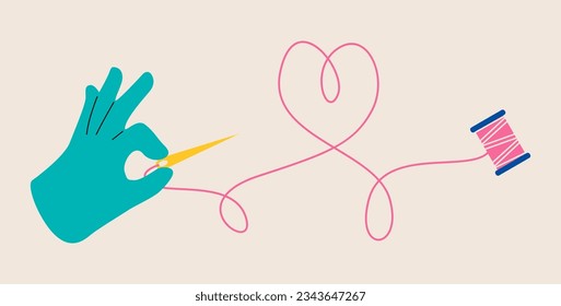 Hand holds a needle with thread. Colorful vector illustration
