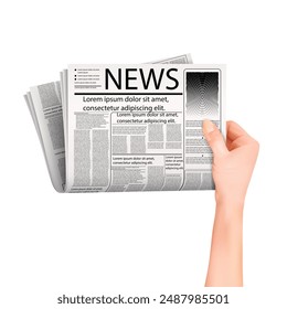 A hand holds a newspaper on a white background. Vector illustration