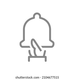 Hand holds a notification bell line icon. Inbox message, message notification symbol
