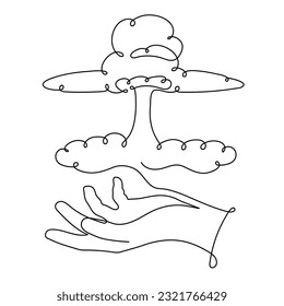 Hand holds nuclear blast one line art, hand-drawn radiation mushroom, world catastrophe. Dangerous explosion warhead,detonation of military weapons.Editable stroke.Vector illustration