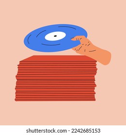 Hand holds an old vinyl record in her hands .Retro fashion style from 80s. Vector illustrations in trendy colors.