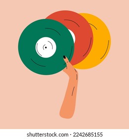 Hand hält einen alten Schallplatten in ihren Händen .Retro Mode Stil aus den 80ern. Vektorgrafiken in trendigen Farben.