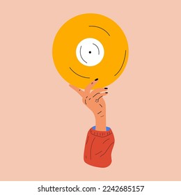 Hand holds an old vinyl record in her hands .Retro fashion style from 80s. Vector illustrations in trendy colors.