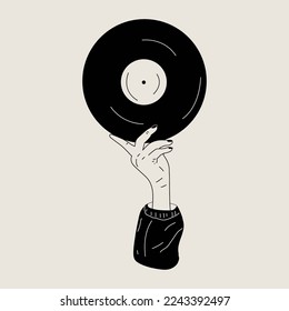 Hand holds an old vinyl record in her hands .Retro fashion style from 80s. Vector illustrations in black and white colors.	