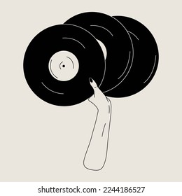 Hand holds an old vinyl record in her hands .Retro fashion style from 80s. Vector illustrations in black and white colors