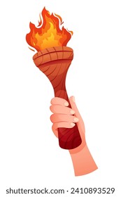 Hand holds old wooden torch with fire. Symbol of sports games, competitions, victory, winner. Vector illustration in cartoon style