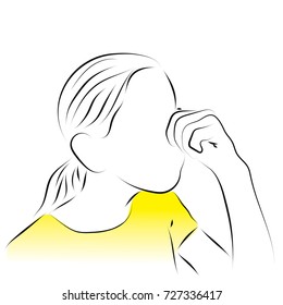 the hand holds on to the nose. The girl has a cold. Colored vector illustration of a rhinitis, allergy, flu.