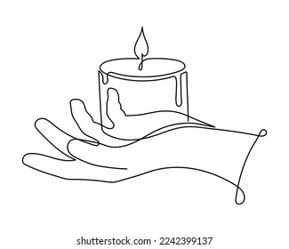 Hand holds сandle one  line continuous contour blackout time burning skied ball illumination Hand  drawn contour outline candlelight decoration for power outage romantic dinner Editable Isolated