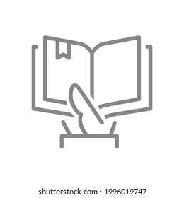 Hand holds a open book line icon. Reading, college education symbol